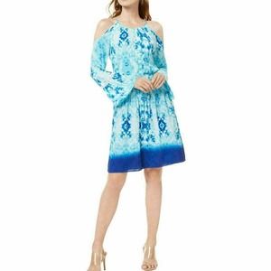 INC Tie-Dye Smocked Cold-Shoulder A-Line Dress L